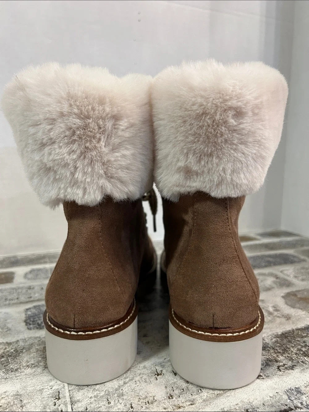 White Mountain Women's Brown Suede Faux-Fur Trim Lace-Up Ankle Boots Chunky Heel